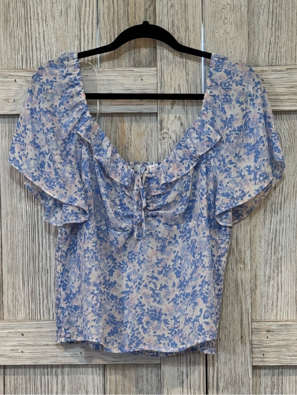 Lush Floral Ruffle Neck Smocked Back Blouse - Blue/White sz XXL